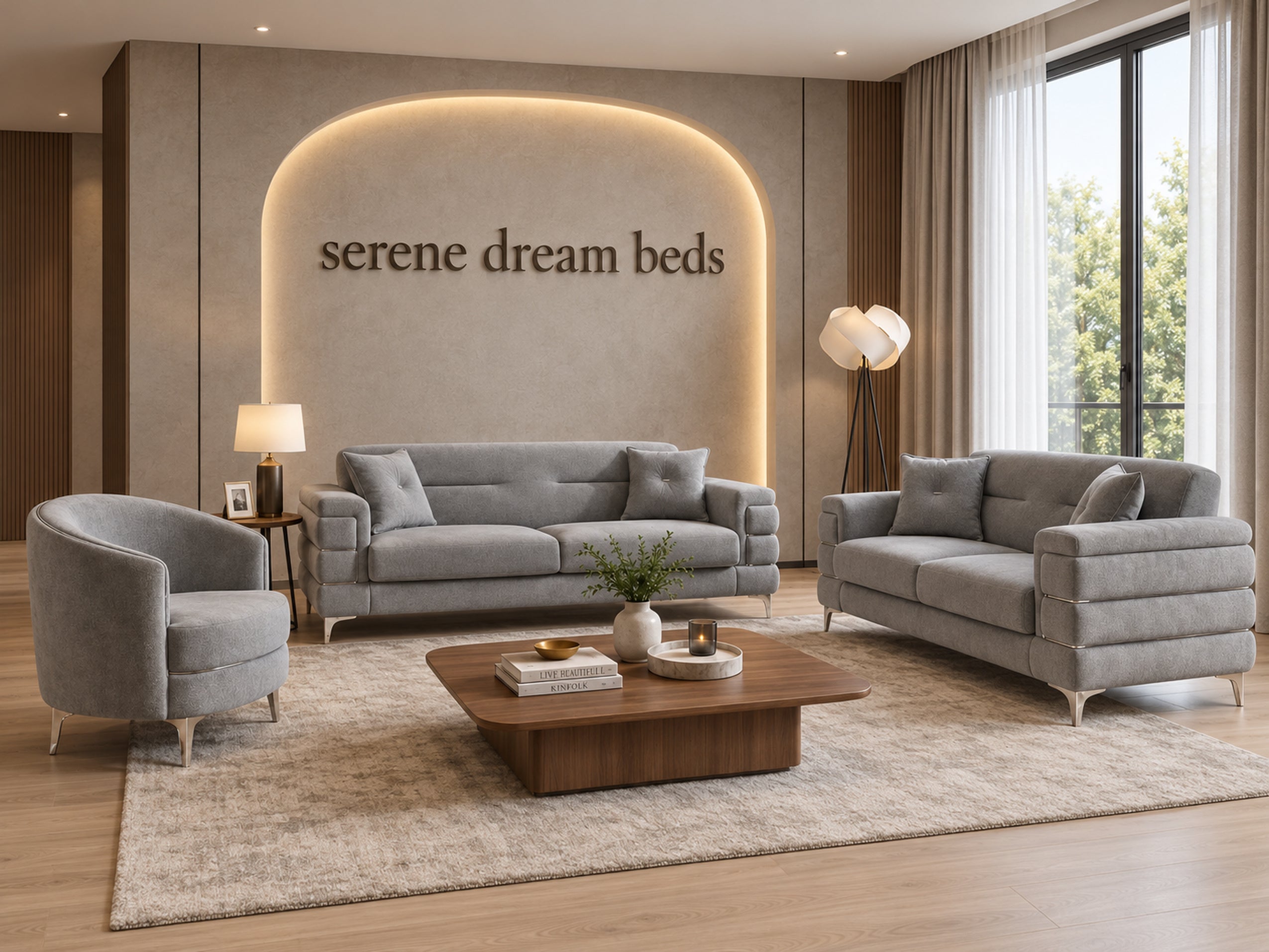 A modern living room featuring a coordinated gray upholstered furniture set: a three-seat sofa, a two-seat sofa, and a curved armchair, arranged around a wooden coffee table on a light rug. The room has warm wood flooring, a beige accent wall with an illuminated arch and the words 'serene dream beds,' large windows with sheer curtains, and floor lamps.