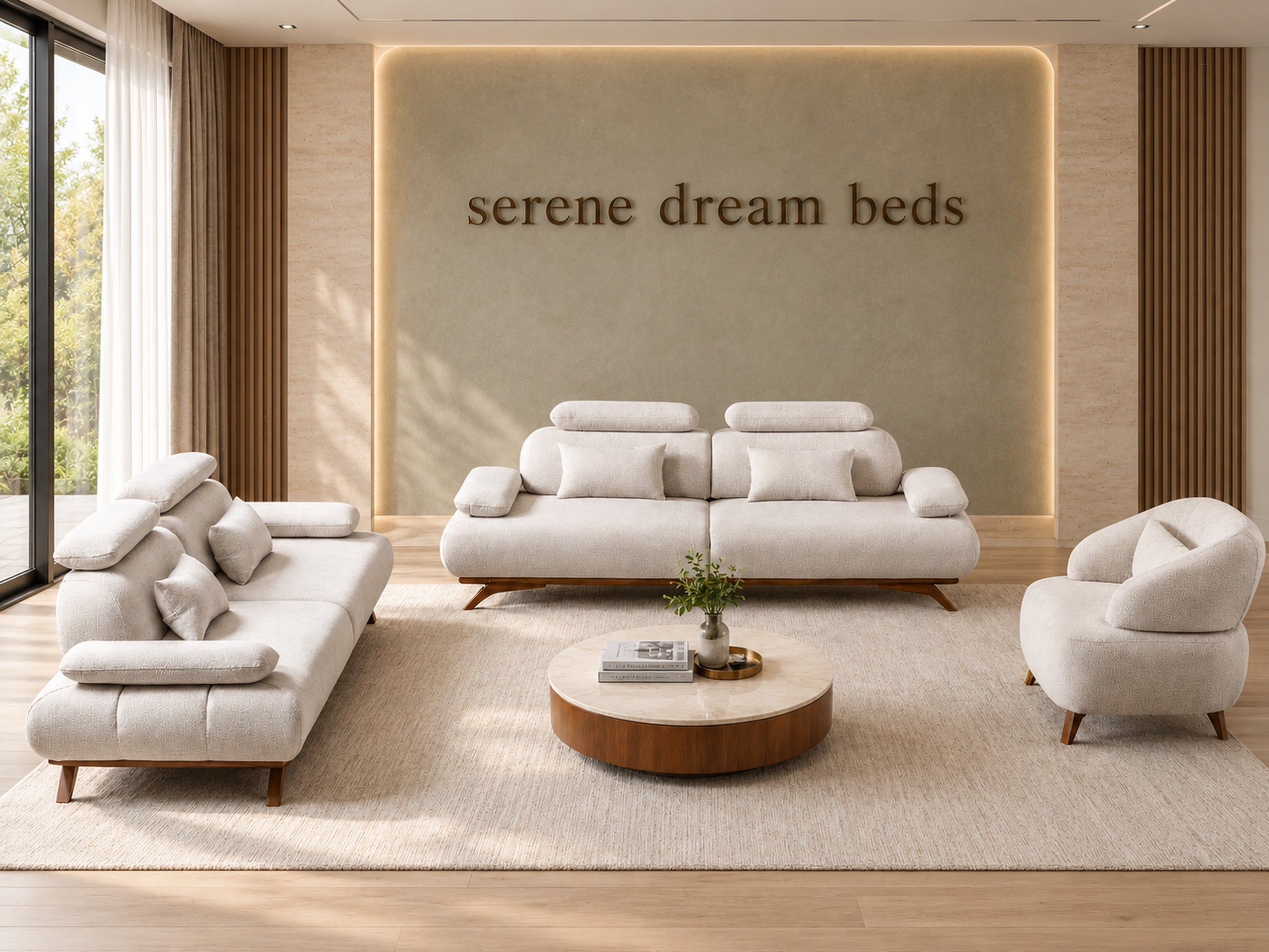 A modern living room featuring a light beige upholstered sofa, matching armchair, and a round wooden coffee table on a large cream rug, with a backlit beige wall behind the sofa displaying the text 'serene dream beds'.