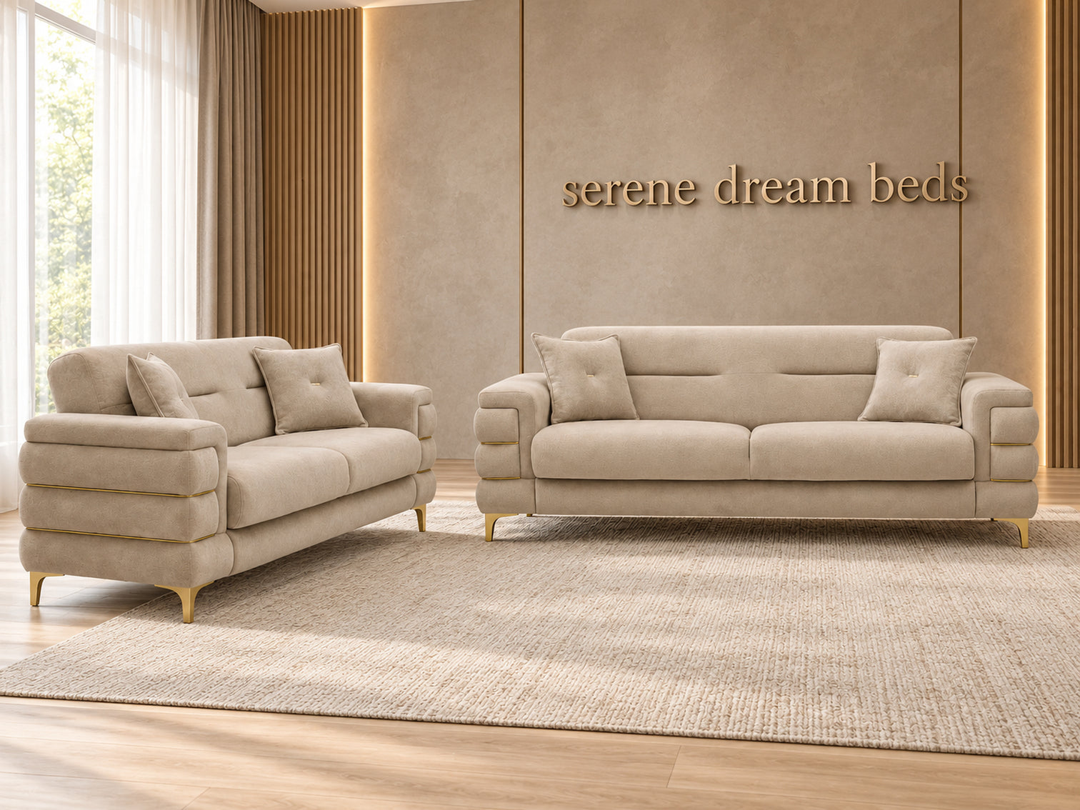 3 Seater and 2 Seater Sofa Set , Plush Velvet, Beige – Serene Dream Beds
